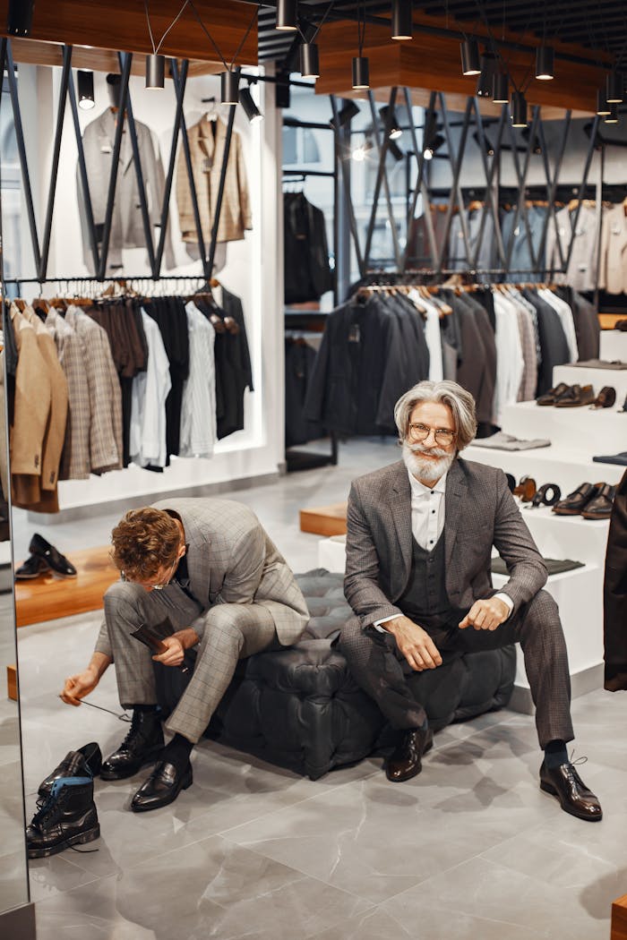 services-01 Two men wearing formal suits in a stylish men's suit shop with a variety of clothing on display.