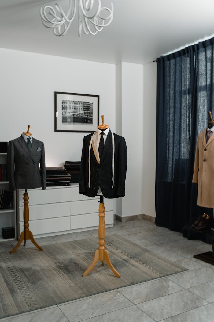 about-us-02 Tailored men's suits on mannequins in a stylish fashion studio setting.