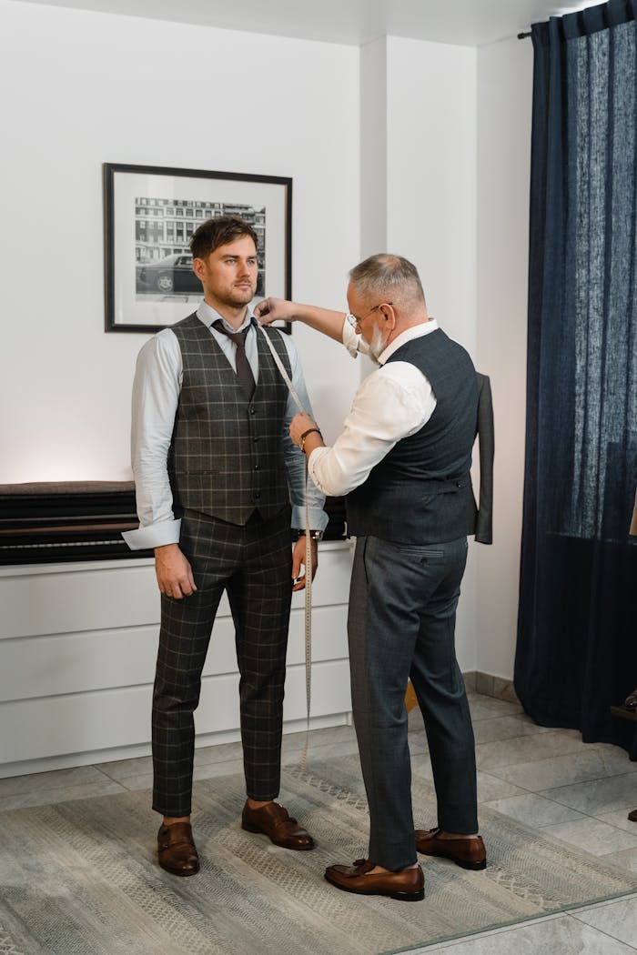 Tailor measuring a man for a custom suit in a stylish studio.